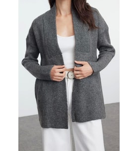 Kadın Modern Tarz Oversize Şal Yaka Midi Triko Hırka (Antrasit)