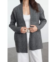 Kadın Modern Tarz Oversize Şal Yaka Midi Triko Hırka (Antrasit)