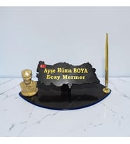 Doğal Siyah Mermer İsimlik Gold Tasarımlı Atatürk'lü ve Kelem'li