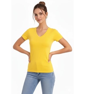 T-Shirt V Yaka Slim Fit Likralı Tişört Günlük Basic Body - Sarı