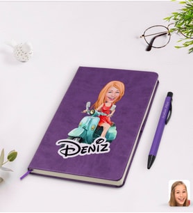BK Gift Kişiye Özel Kadın Karikatürlü Mor Termo Deri Defter Kalem Seti Model 24
