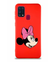 Samsung Galaxy M31 Soft Premier Kapak Minnie Mouse-A Tasarımlı Silikon Kılıf - Kırmızı (Şeffaf)