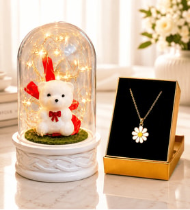 LED Işıklı Ayıcıklı Fanus ve Tasarım Kolye Kadına Sevgiliye Hediye