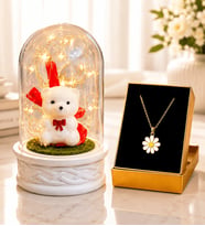LED Işıklı Ayıcıklı Fanus ve Tasarım Kolye Kadına Sevgiliye Hediye