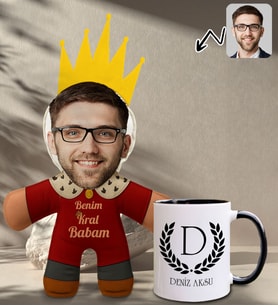 BK Gift Kişiye Özel Fotoğraflı Kral Babam Tasarımlı Bebek Yastık-1 & Siyah Kupa Bardak Hediye Seti-3, Babalar Günü Hediye, Babaya Hediye