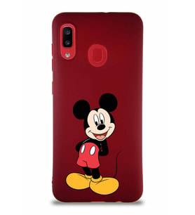 Samsung Galaxy A20 Soft Premier Kapak Mickey Mouse-B Tasarımlı Silikon Kılıf - Mürdüm (Şeffaf)