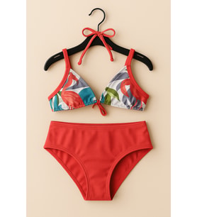Kadın Flamingo Desenli Üst ve Nar Çiçeği Alt İki Parça Bikini Takımı 1001-48