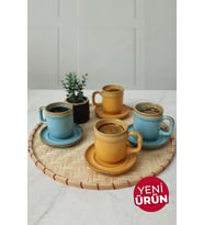 Keramika Shizen Sarı / Turkuaz Formart Kahve Takımı 8 Parça 4 Kişilik Q46-Q40