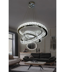 3 Katlı Daire Taşlı Ledli Modern Avize Kumandalı Krom