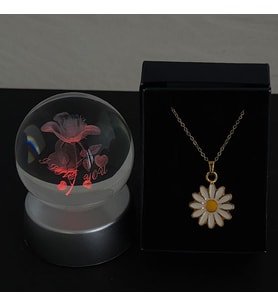Papatya Kolye Altın Kaplama Özel Kutuda & I Love You Gül  Model Cam Küre Işıklı Standlı Set