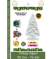 Premium Süsleme Seti Yılbaşı Beyaz Çam Ağacı Renkli Işığı Yeni Yıl Süsleri Noel Paketi 90 Cm 76 Dal