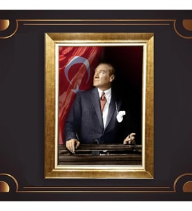 Altın Varaklı Çerçeveli Paspartulu Atatürk Tablo nl02A257 (Gold)