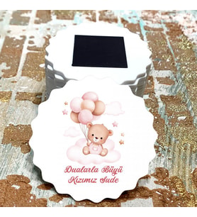 Magnet Hediyelik - Kız Bebek Pembe Balonlu Sevimli Ayıcık Tasarım