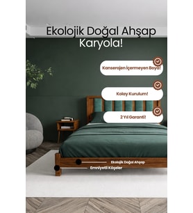 Ori̇on Model Çağla Yeşili Puf Başlıklı Masif Ahşap Karyola Kolay Kurulum Fırınlanmış İthal Sibirya Çamı 150x200 Yatak Uyumlu