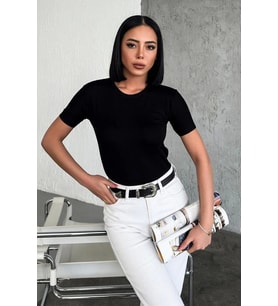 Rahat Ve Şık Kısa Kollu Bisiklet Yaka Likralı Viskon Penye Body Siyah