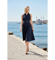 Kadın Elbise Gömlek Kolsuz Yaka Midi Boy Astarsız Poplin Dokuma Düz Kemerli Kaliteli