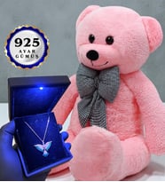 Premium Hediye Seti Büyük Boy Pembe Peluş Ayıcık ve Gerçek 925 Ayar Gümüş Kolye (Model 6)