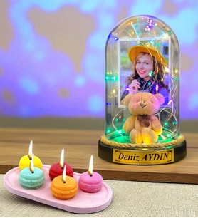 Size Özel Renkli Led Işıklı Fanus ve Kokulu Makaron Mum Hediye Seti (Model 9)