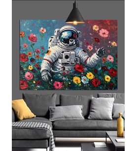 Çiçekli Uzay Giysili Astronot Dekoratif Kanvas - Mdf Ahşap Tablo