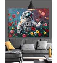 Çiçekli Uzay Giysili Astronot Dekoratif Kanvas - Mdf Ahşap Tablo