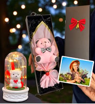 Size Özel Fotoğraflı Kutuda Pembe Peluş Ayıcık ve Led Işıklı Biblolu Fanus (Model 7)
