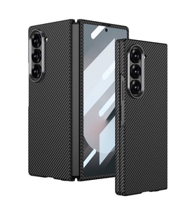 Galaxy Z Fold 6 Kılıf Kamera Korumalı Karbon Fiber Tasarımlı Arka Yüzey Kıpta Karbon Kılıf (Siyah)