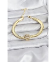 Çelik Gold Renk Baget Zirkon Taşlı Yılan Zincirli Kadın Bileklik - Tj-Bb8154