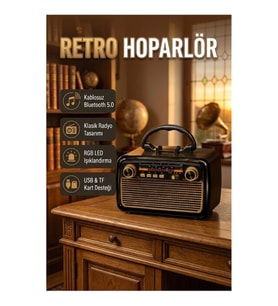 Retro Ahşap Dokulu Bluetooth Hoparlör – LED Işıklı, USB ve Hafıza Kartı Destekli