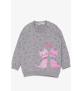 Breeze Kız Bebek Sweatshirt Mutlu Kedicikler 4 Ay-1.5 Yaş, Gri Melanj