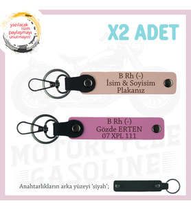 Bikera Değerli Hediye, İsim Plaka ve B Rh (-) Kan Grubu Yazılı x2 Anahtarlık, Yavruağzı-Pembe-Syh