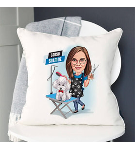 Kişiye Özel Köpek Kuaförü Kadın Karikatürlü Yastık