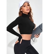 pilelistore Kadın Siyah Uzun Kol Fermuarlı Parmak Geçme Detaylı Dik Yaka Crop Top Bluz
