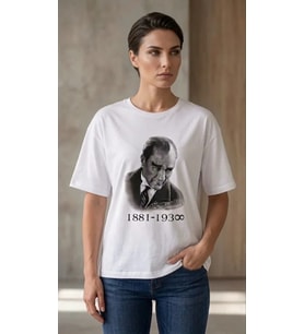 Atatürk Baskılı Tişört Kısa Kollu Bisiklet Yaka T-Shirt - Beyaz