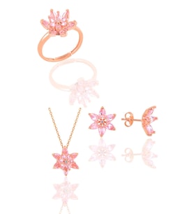Söğütlü Silver Gümüş rose  taşlı nilüfer lotus çiçeği üçlü set (Pembe)