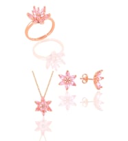 Söğütlü Silver Gümüş rose  taşlı nilüfer lotus çiçeği üçlü set (Pembe)