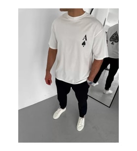 Unisex Bisiklet Yaka Baskılı Oversize T-Shirt - Beyaz