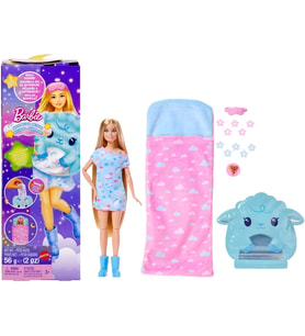 Parti Paketi bebek ve aksesuarlar, Pijama Partisi Serisi, karanlıkta parlayan aksesuarlar ve mavi pijamalı bebek dahil 7 sürpriz, JMR88