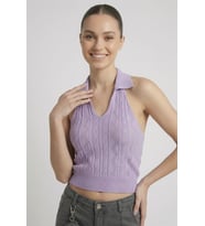 Kadın Polo Yaka Sırt Dekolteli Crop Bluz