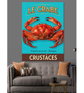 Yengeç Crustacean Retro Afiş Dekoratif Kanvas - Mdf Ahşap Tablo