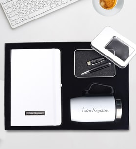 Kişiye Özel Süngerli Kutusunda Kişiye Özel Beyaz Defter & 32 GB Usb Siyah Kalem & 280 ML Kulplu Beyaz Çelik Termos Hediye Seti