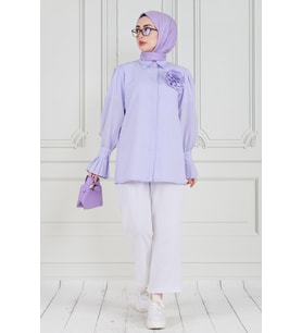 Gül Broşlu Kolu Fırfırlı Tunik-Lila