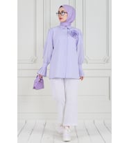 Gül Broşlu Kolu Fırfırlı Tunik-Lila
