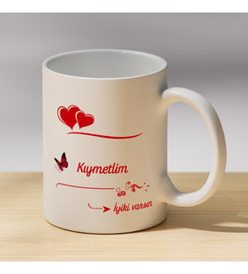 Kıymetlim İyi Ki Varsın Yazılı Kalpli Kupa - Sevgiliye Hediye Kahve Kupası