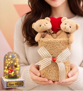 Kalpli Premium 2'li Kahve Peluş Ayıcık Buketi (Kişiye Özel Işıklı Kalp Tutan Çiftli Fanus Hediyeli)