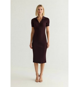 Kadın Polo Yaka Kısa Kollu Midi Elbise Triko Kumaş Bodycon Kesim İnce Dokulu Astarsız Günlük Rahat