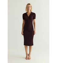Kadın Polo Yaka Kısa Kollu Midi Elbise Triko Kumaş Bodycon Kesim İnce Dokulu Astarsız Günlük Rahat