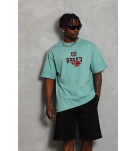 Erkek Baskılı Tişört Kısa Kol Bisiklet Yaka Oversize T-Shirt - Mint Yeşili