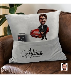 BK Gift Kişiye Özel Boss Baba Karikatür Tasarımlı Organizer Kumanda ve Atıştırmalık Cepli Gri Kırlent Yastık-9 Arkadaşa Hediye, Cepli Yastık
