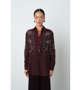 Kadın Önü Boncuk İşlemeki Bordo Renk Oversize Gömlek