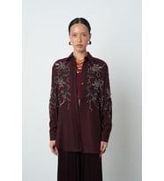Kadın Önü Boncuk İşlemeki Bordo Renk Oversize Gömlek
